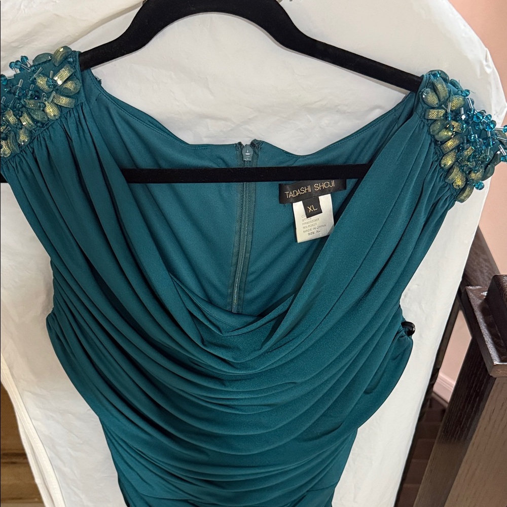 Tadashi Shoji Teal Gown with Embellished Shoulders